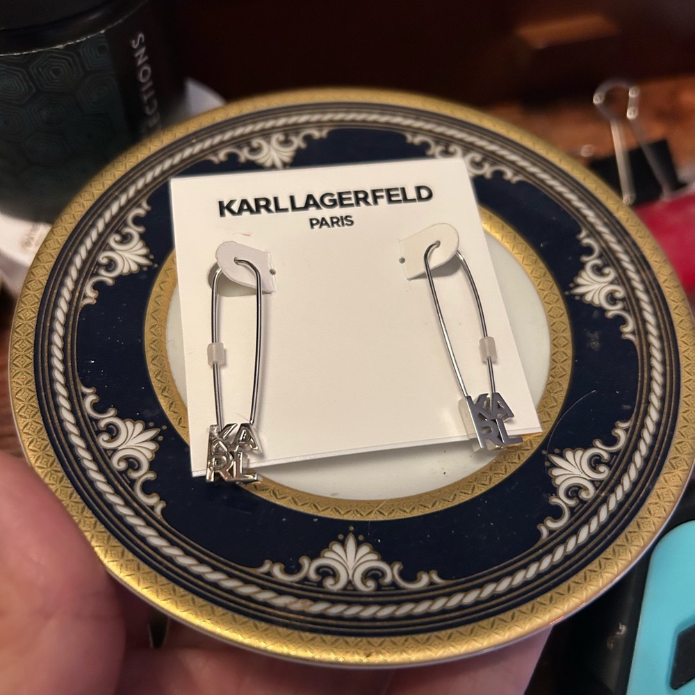 KARL LAGERFELD Paris Silvertone Karl Safety Pin Earrings - Picture 3 of 3